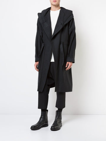 Black Paper Twill Hooded Trenchcoat
